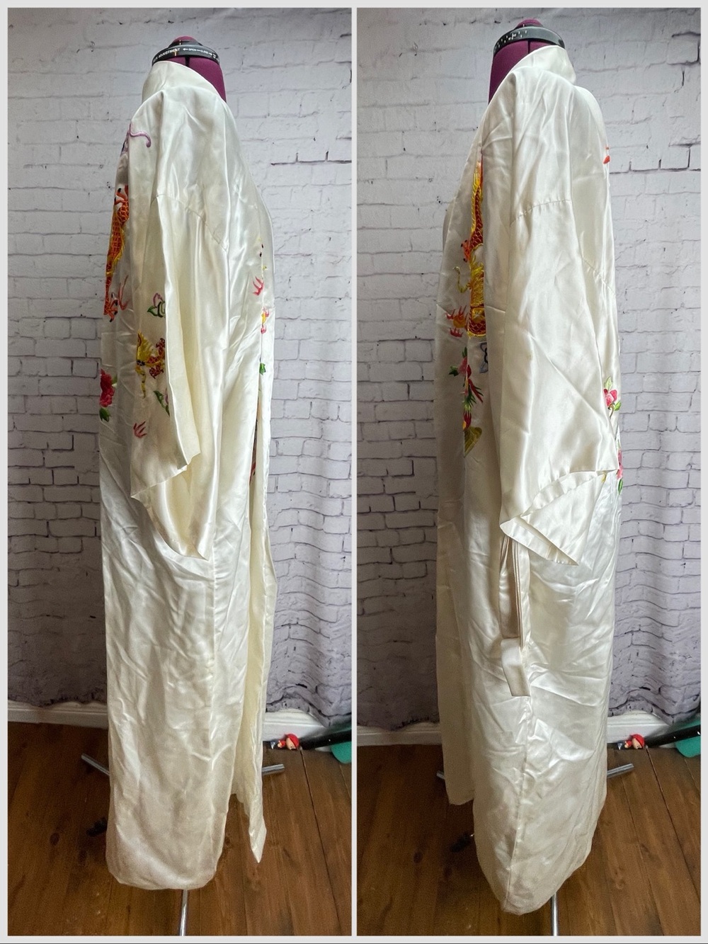 Golden bee vintage silk robe size large white with dragon and phoenix - Picture 2 of 16